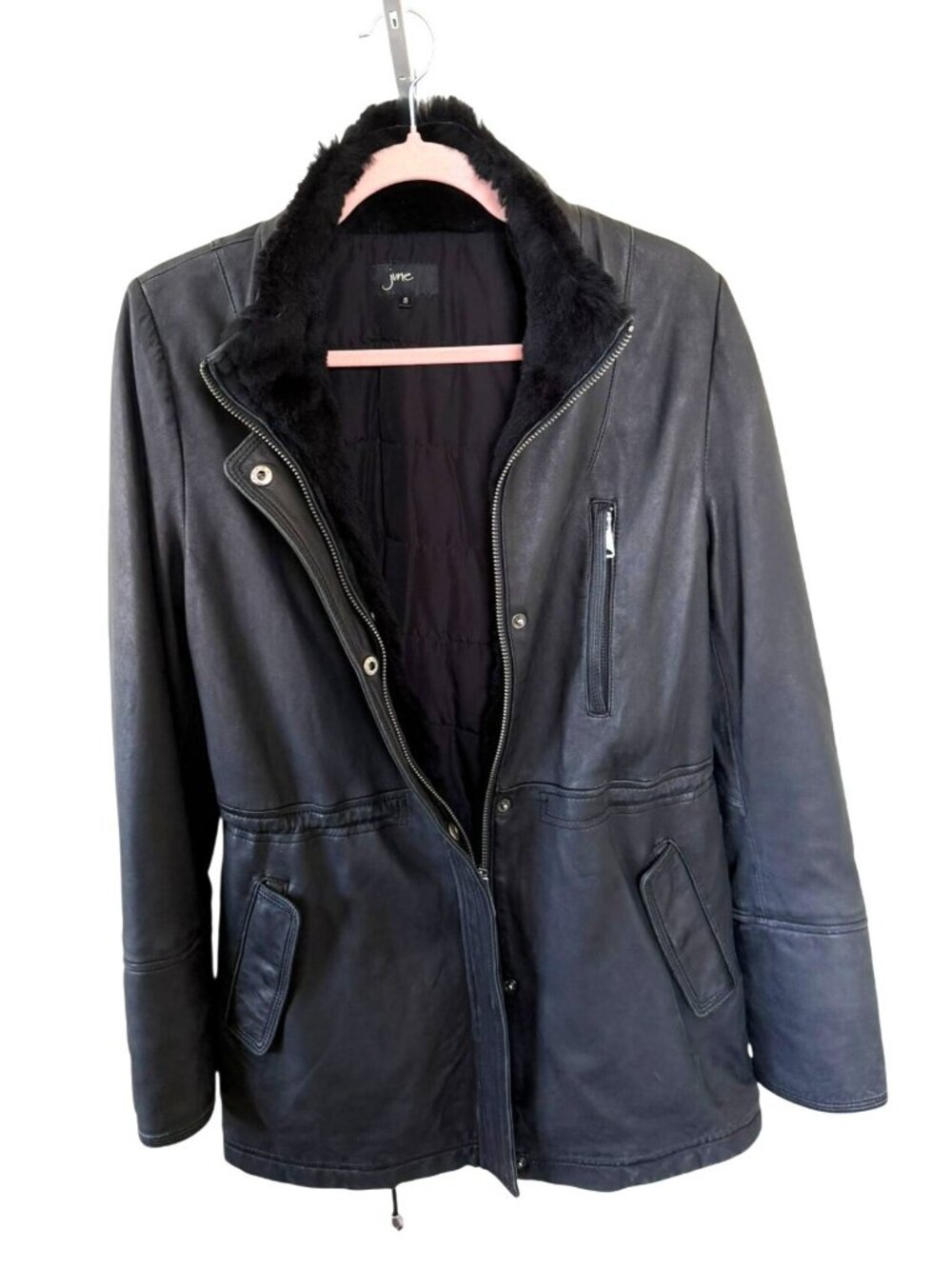 June Black Leather Jacket, Real Rabbit Fur Size Small - Picture 3 of 16
